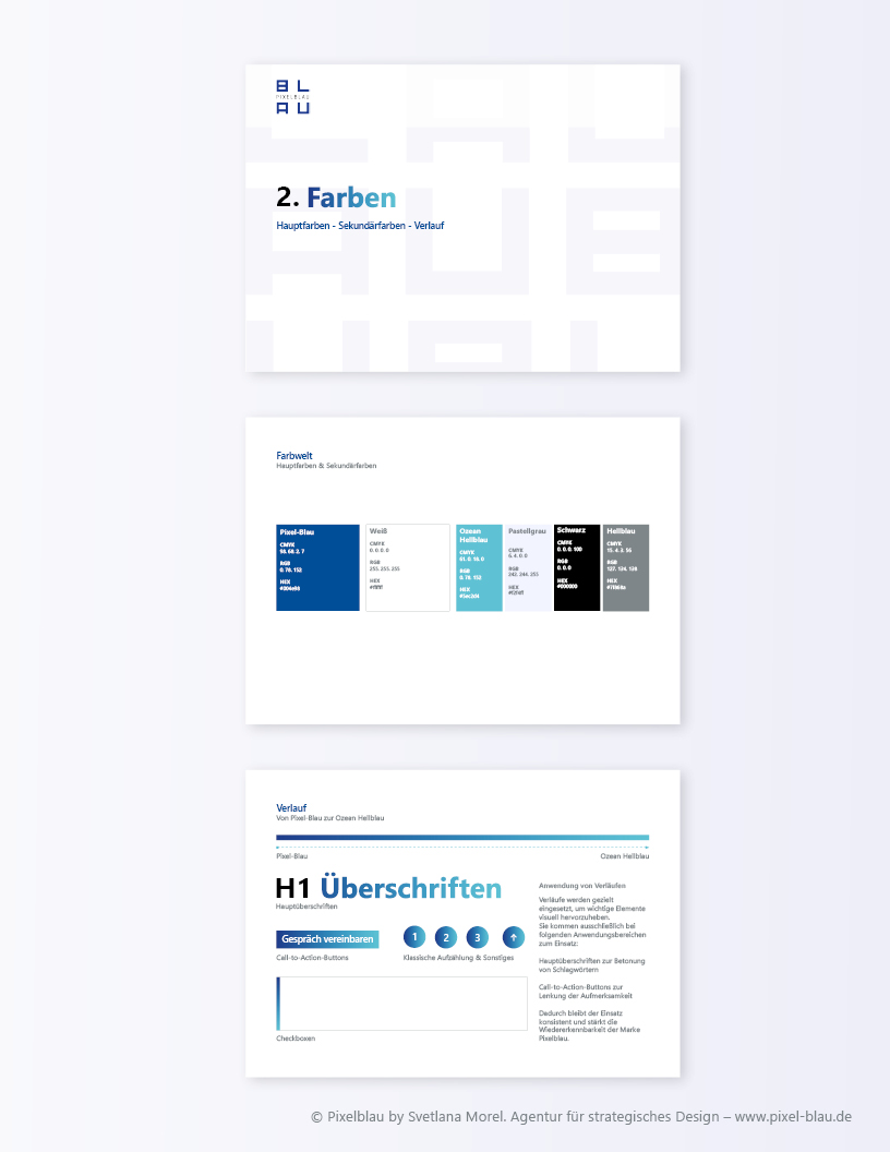 Pixelblau Styleguide - Farben und Typografie