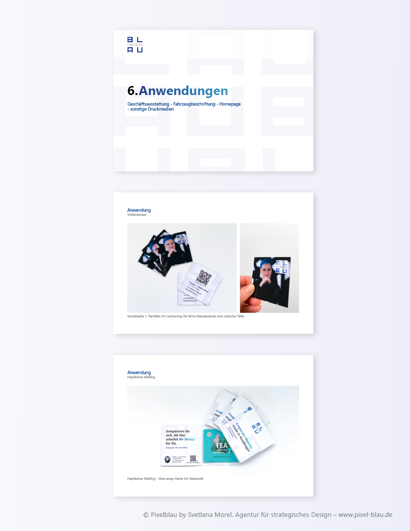 Pixelblau Styleguide - Anwendungen Geschäftsausstattung